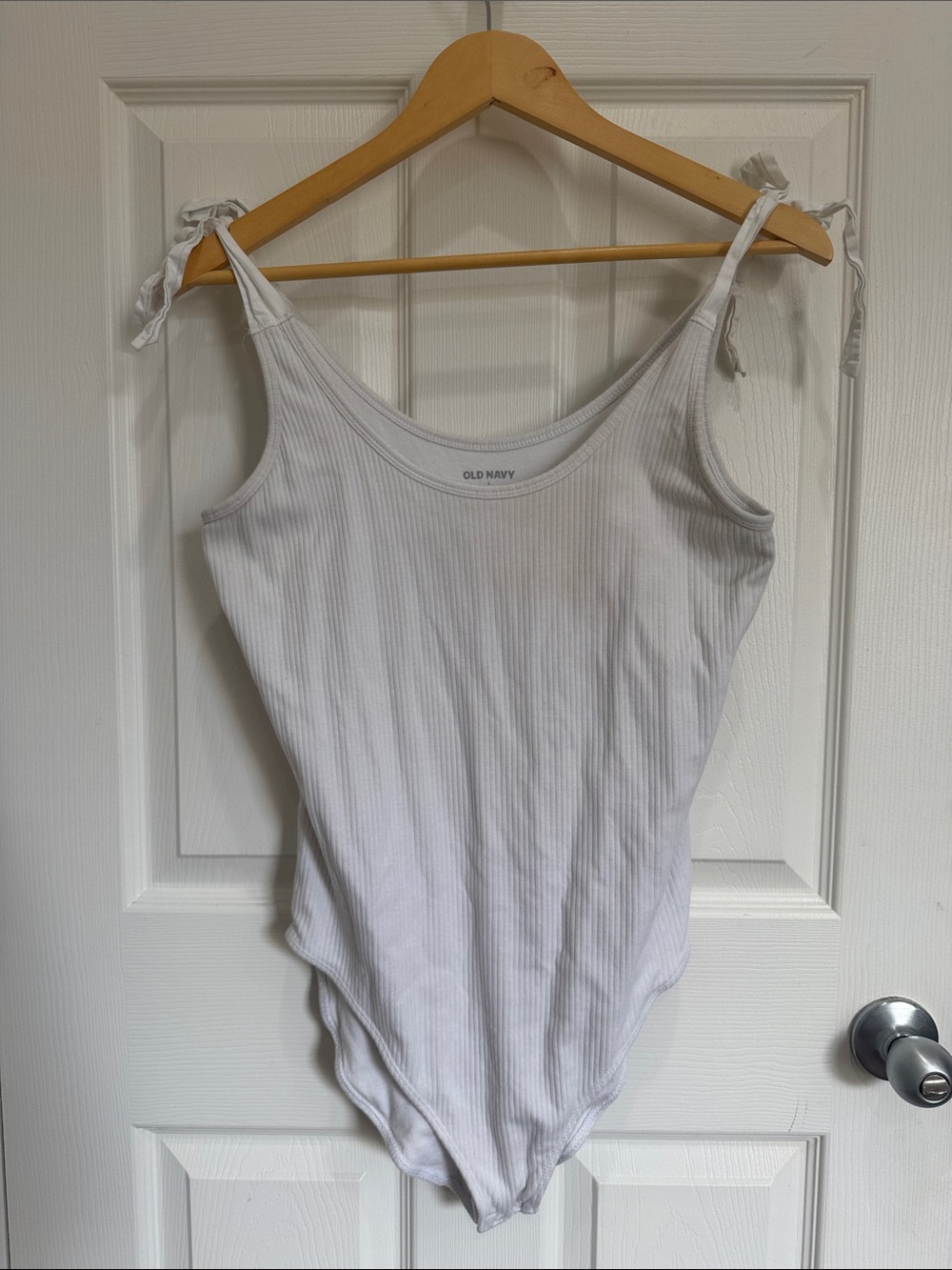 Old Navy White Ribbed Tie-Shoulder Bodysuit with Scoop Neck